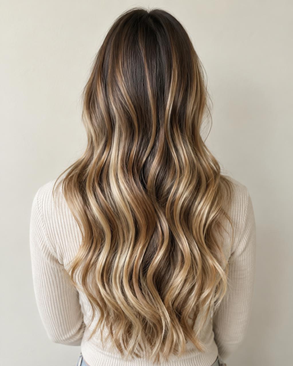 Lange gewellte Haare mit honigblondem Balayage-Farbverlauf